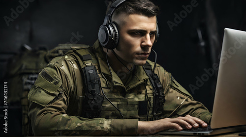 Portrait of soldier wearing a military uniform, operating at his computer. Soldier operating laptop. generative.ai