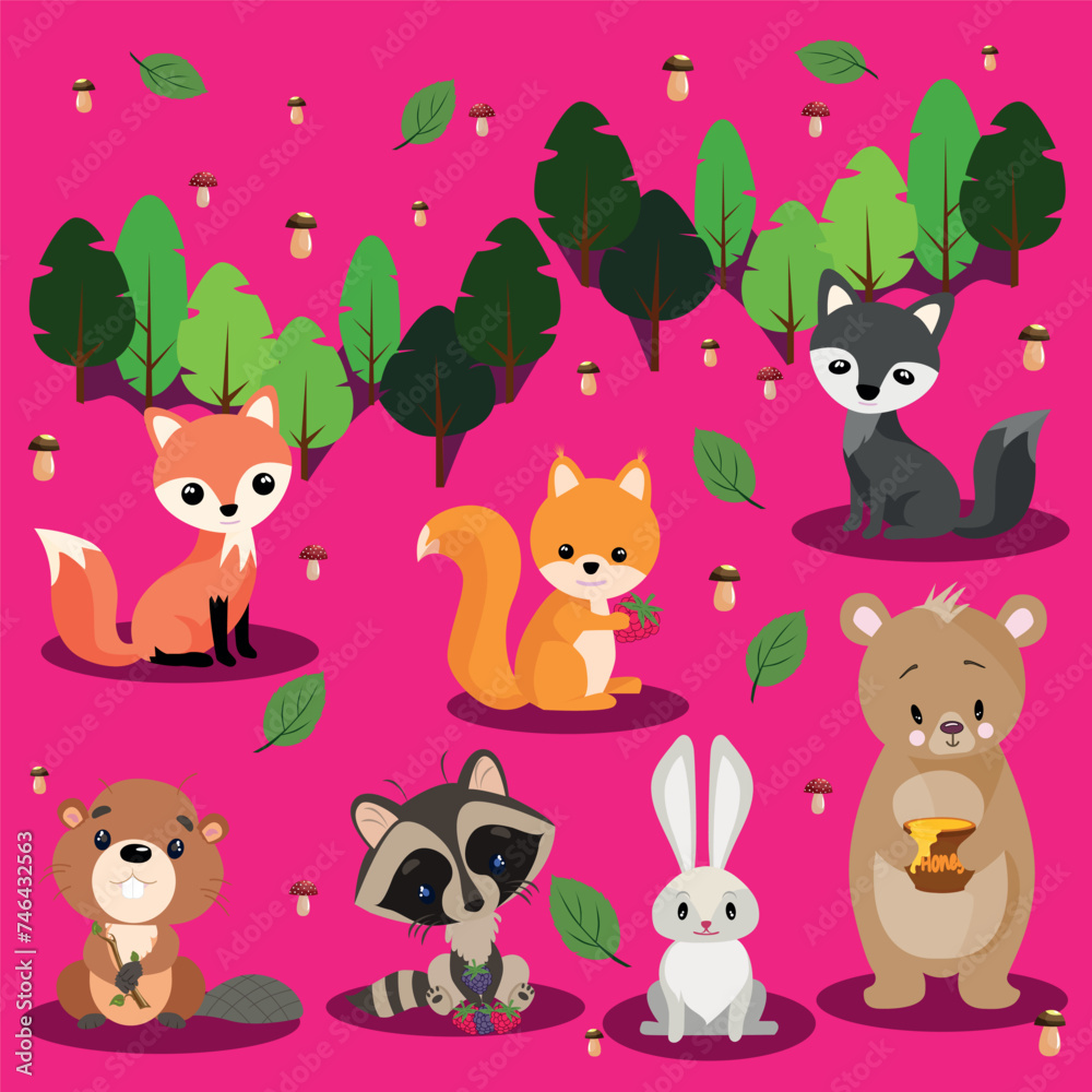 Naklejka premium Vector children's illustration for young children.Forest animals. A set of fox, bear, wolf, hare, squirrel, raccoon and beaver.