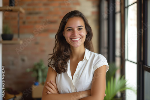 Free Download Joyful woman with arms crossed, wearing a white shirt, showcasing a bright smile in a casual office with exposed brick and greenery. - GFXLoad