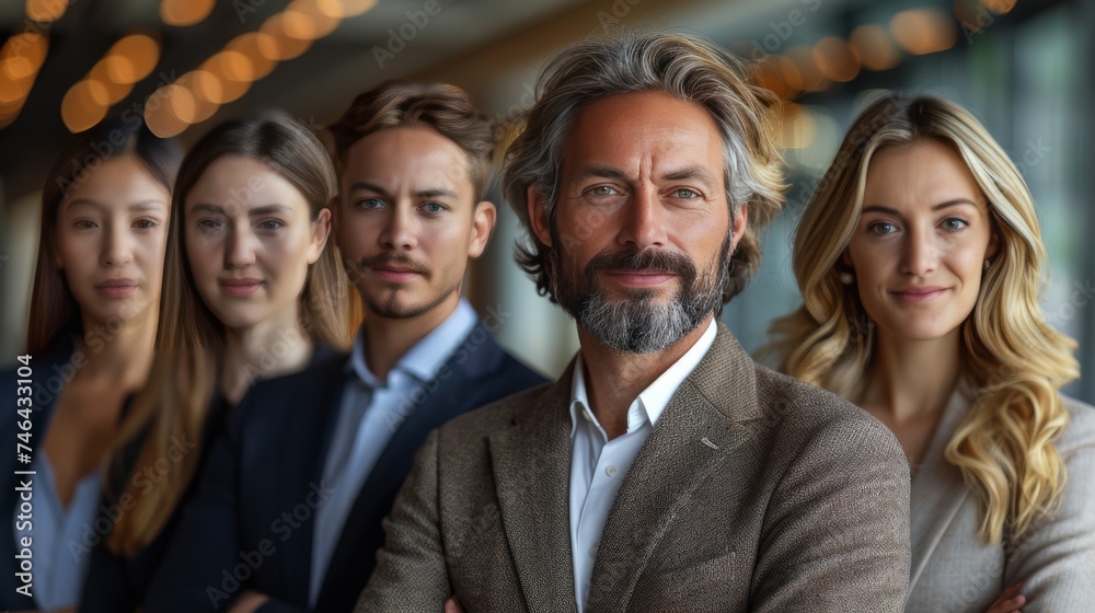 5 elegantly dressed successful latin businessmen and businesswomen looking and posing for the camera with success attitude