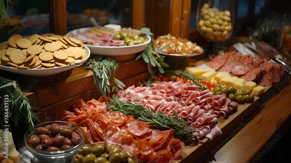 Appetizers table with differents antipasti, charcuterie, snacks and wine. Sausage, ham, tapas, olives.  generative ai 