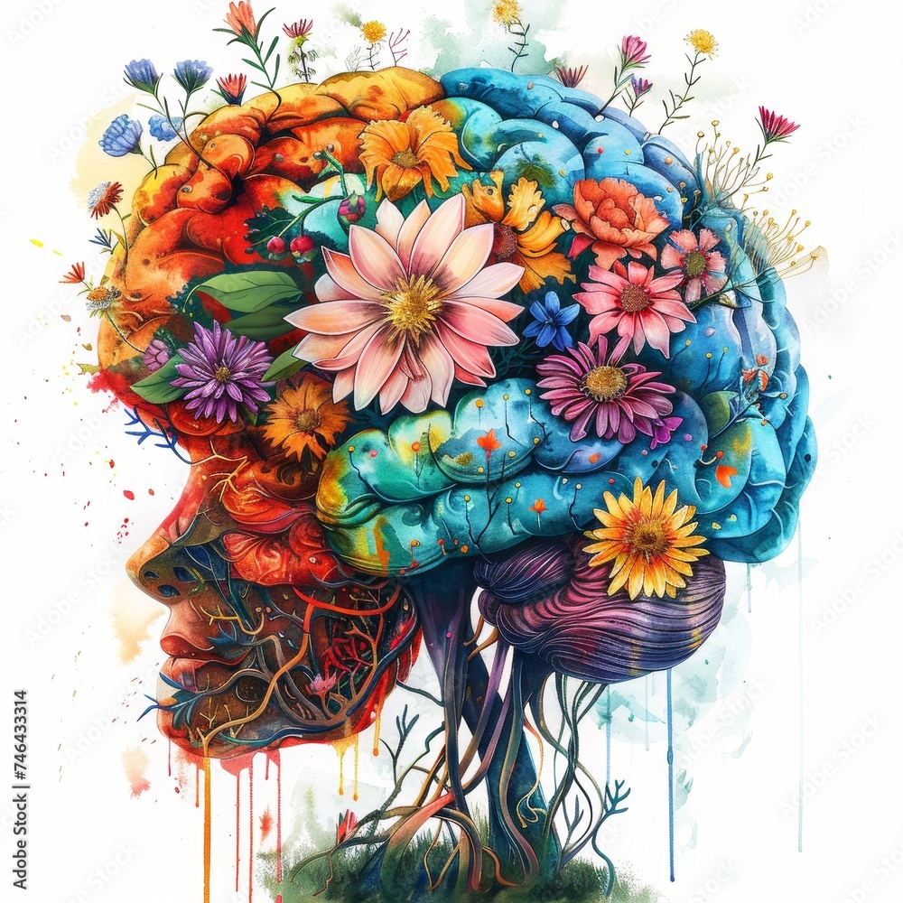 Colorful depiction of a mind alive with flowers
