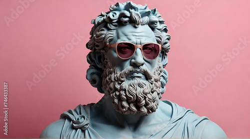 Greek blue bust with brutal god Zeus wearing rose colored glasses on pink pastel background. generative.ai