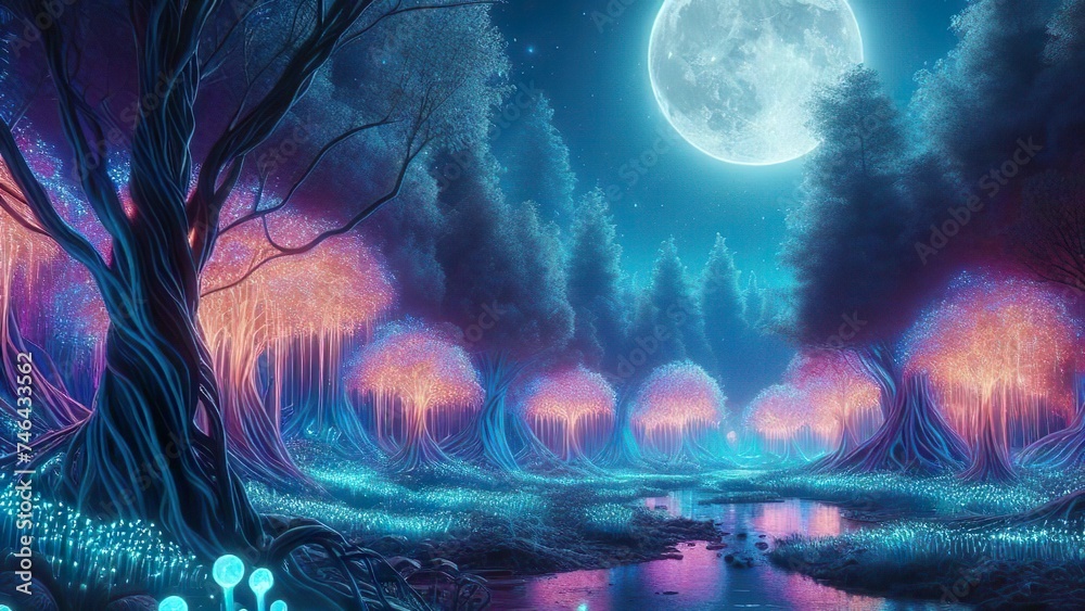Fototapeta premium Enchanted Moonlit Woodland: Bioluminescent Fantasy Realm under the Full Moon's Radiant Glow