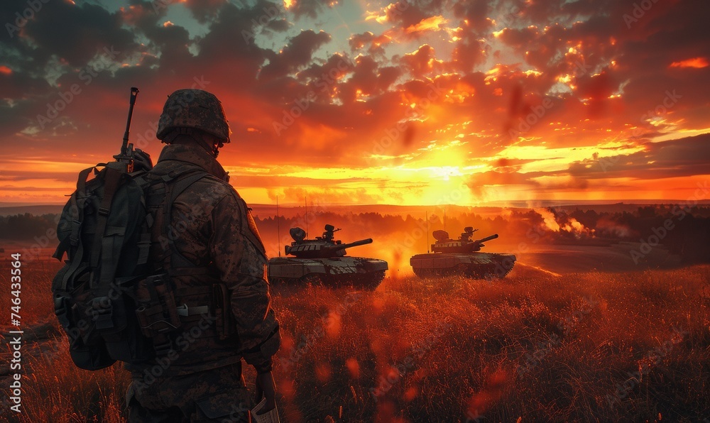 Soldier with tanks in field Soldier with tanks in field