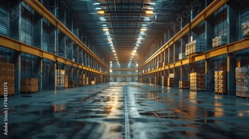 Illuminated warehouse interior with golden hues and stacked goods