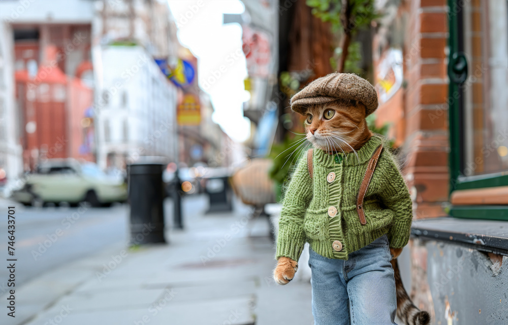 kitten is wearing a green cardigan. The look is accessorized with a brown baseball cap. A crossbody bag with adds a practical to the outfit. funny cat in the city. cat is dressed like a person.