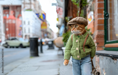kitten is wearing a green cardigan. The look is accessorized with a brown baseball cap. A crossbody bag with adds a practical to the outfit. funny cat in the city. cat is dressed like a person. © Nataliia_Trushchenko