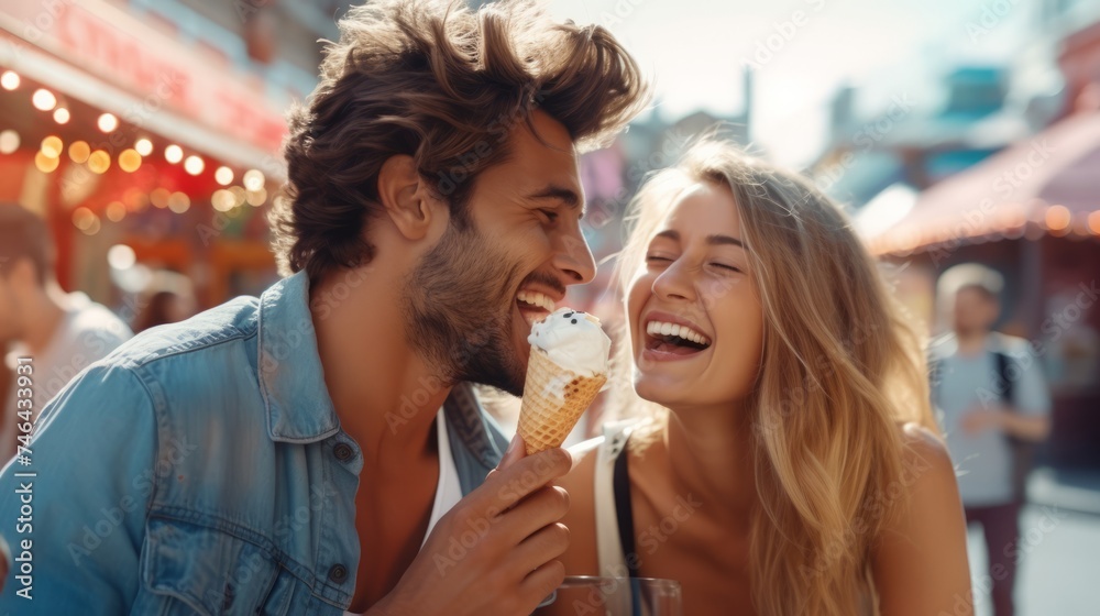 A young couple has fun and joy at an amusement park A young couple has fun and joy at an amusement park
