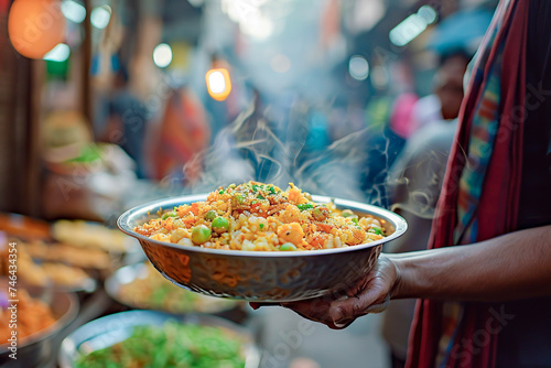 A person holds a steaming dish of colorful, appetizing food in a bustling, warmly lit market environment, ai generative