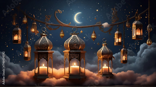 Decorated Arabic lanterns with burning candles floating above the clouds with a crescent moon and stars in the background, realistic. generative.ai