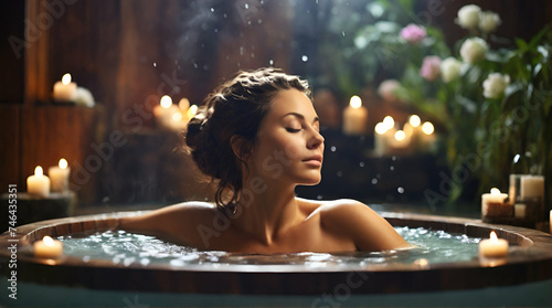 A woman relaxing in the jacuzzi of a spa, eyes closed and relaxed in a hot water bath, feeling good on her relaxation time. generative.ai