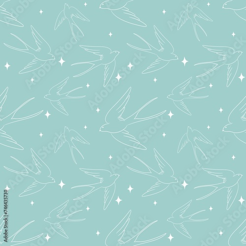 Flying white birds line art seamless pattern on mint color background .