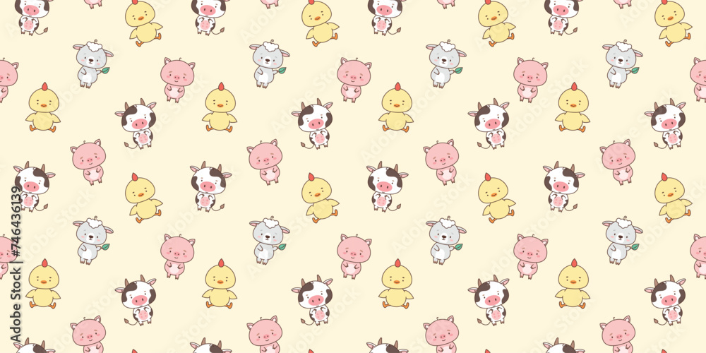 Seamless pattern with cute farm animals sheep piggy chicken cow. Cute animals in kawaii style. Drawings for children. vector illustration Seamless pattern with cute farm animals sheep piggy chicken cow. Cute animals in kawaii style. Drawings for children. vector illustration