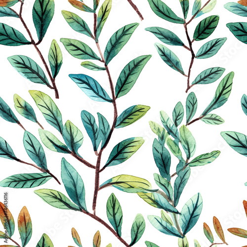 Seamless watercolor branch and leaves pattern illustration, paper texture. Generative ai