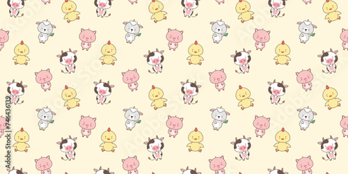 Seamless pattern with cute farm animals sheep piggy chicken cow. Cute animals in kawaii style. Drawings for children. vector illustration