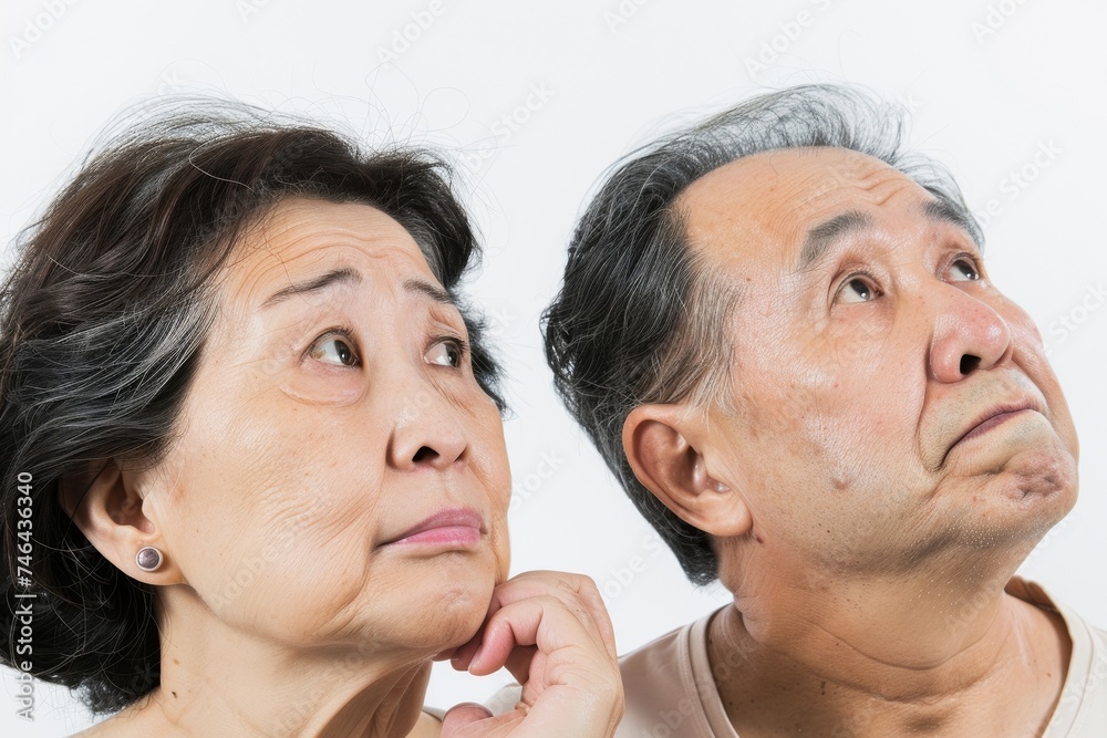 考えている日本人の初老の夫婦(白背景・老後・介護・健康・年金・将来) 考えている日本人の初老の夫婦(白背景・老後・介護・健康・年金・将来)
