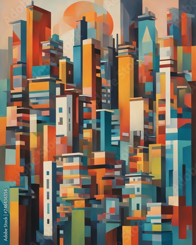 Abstract Cityscape with Geometric Shapes and Colorful Patterns, Generative AI