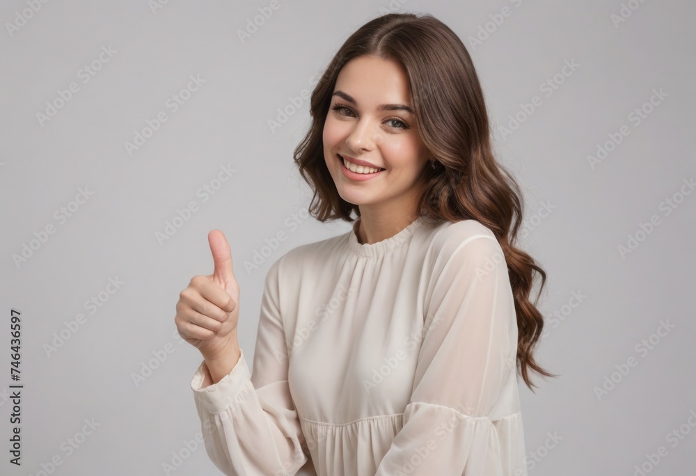 A smiling woman giving a thumbs up, signaling approval. She is dressed elegantly. A smiling woman giving a thumbs up, signaling approval. She is dressed elegantly.