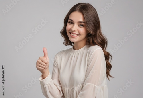 A smiling woman giving a thumbs up, signaling approval. She is dressed elegantly.