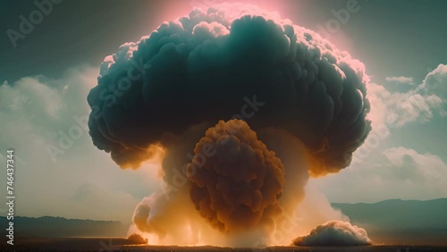 Huge nuclear bomb explosion with a mushroom cloud, weapon of mass destruction photo