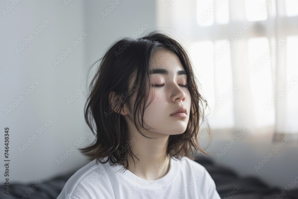 白い部屋の中で瞑想をする若い日本人女性(ストレス解消・ヨガ・精神統一・集中) 白い部屋の中で瞑想をする若い日本人女性(ストレス解消・ヨガ・精神統一・集中)