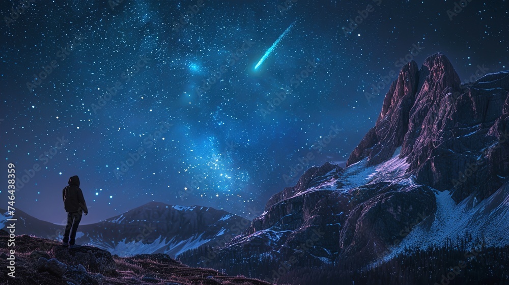 A person standing against a majestic mountain backdrop gazing upon a star-filled sky with a bright comet
A person standing against a majestic mountain backdrop gazing upon a star-filled sky with a bright comet