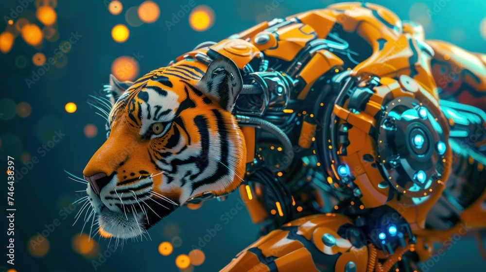 YELLOW TIGER ROBOT WITH MOLECULE DOTS CONCEPT