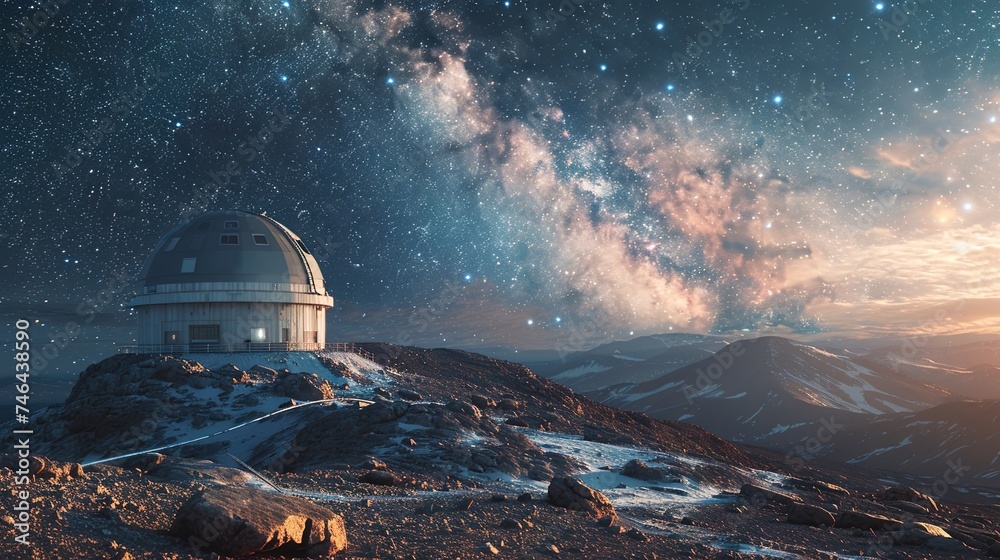 A breathtaking scene capturing a starry sky over a lone observatory perched atop a snow-covered mountain at twilight
A breathtaking scene capturing a starry sky over a lone observatory perched atop a snow-covered mountain at twilight