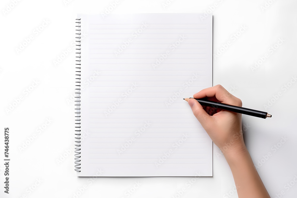 Overhead shot of female hand writing with pen or pencil over empty white sheet of paper isolated on white background Overhead shot of female hand writing with pen or pencil over empty white sheet of paper isolated on white background