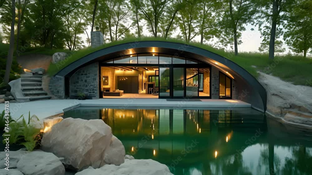 This fully underground home takes advantage of its location near a lake with large windows and an open floor plan that provides stunning views of the water. The earths thermal