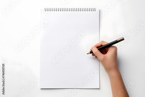 Overhead shot of female hand writing with pen or pencil over empty white sheet of paper isolated on white background 