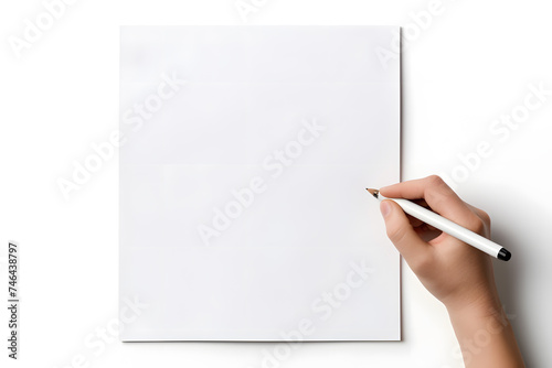 Overhead shot of female hand writing with pen or pencil over empty white sheet of paper isolated on white background 