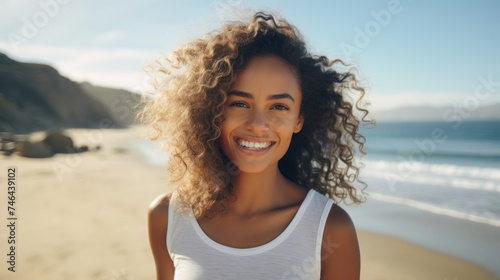 A happy Smiling Woman with curly flying hair standing on the beach and looking at the camera against the background of the Sea and the Blue Sky. Travel, Summer, Vacation concepts.