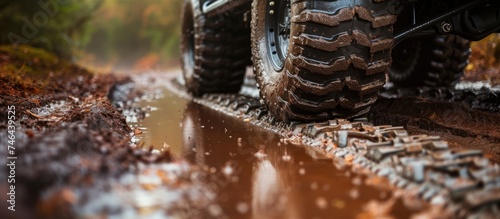 A detailed view of a vehicle covered in thick layers of mud, showcasing a rugged and adventurous off-road journey. The mud splatters emphasize the vehicles durable design and the challenging terrain photo
