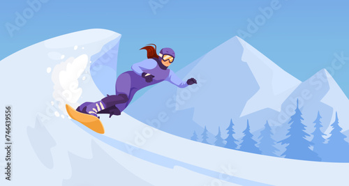 Woman wearing purple warm sport suit and goggles snowboarding downhill. Picturesque landscape view. Mountain and forest in the background. Winter resort outdoor activity. Vector illustration