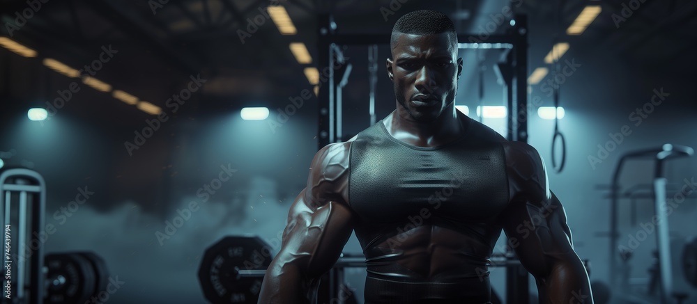 Man is standing in a gym with a wet shirt on. The gym is dimly lit and has a smoky atmosphere Man is standing in a gym with a wet shirt on. The gym is dimly lit and has a smoky atmosphere