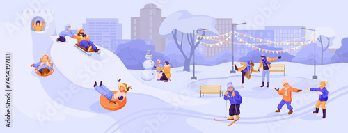 People enjoy in cityscape park at snowy winter season with snowflakes. Skaters on frozen lake ice. Kid drive snow scooter, sliding on tubing. Man, woman and child making snowman. Vector illustration.