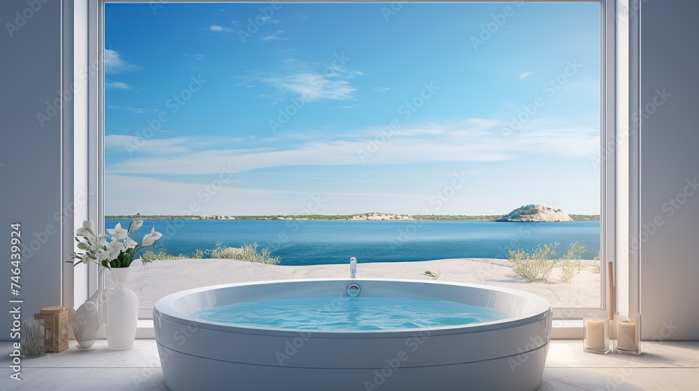 Sea view from circle window with bathtub Generative AI