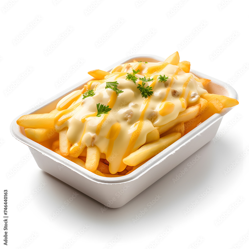Fries potato in white box with melted cheese, isolated on white background Fries potato in white box with melted cheese, isolated on white background