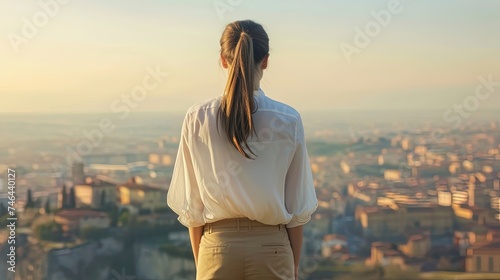 Rear view stylish traveler woman with long hair in a ponytail in a white blouse and beige wide pants with a leather backpack stands on a hill overlooking blurred Italian old town