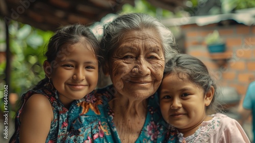 Happy mom with child, grandmother smile for portrait and young girls family in Mexico home together. Senior women generation with elderly face, International Women's day and mothers Day love