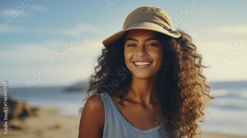 Close-up of a happy Smiling mixed-race Woman with curly flying hair looking at the camera against the background of the Beach, the Sea and the Blue Sky. Travel, Summer, Vacation concepts. Copy space.