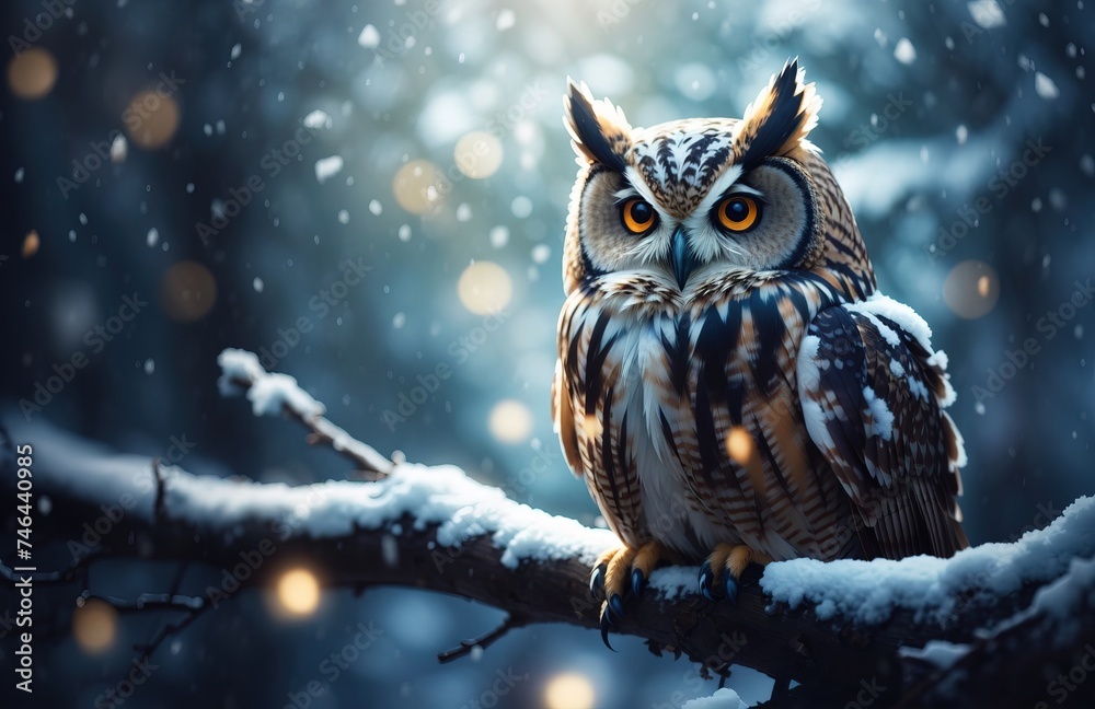 Owl in the dark snow lush forest branch tree in winter Owl in the dark snow lush forest branch tree in winter