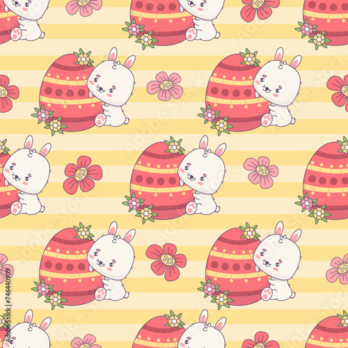 Seamless pattern with Easter bunny with paschal egg and flowers on striped yellow background. Cute kawaii animal character. Vector illustration. Kids collection