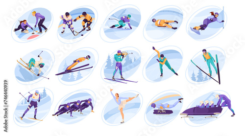Set of winter sport, extreme activity, collection of ice skating, snowboarding, hockey, skiing, downhill racing, biathlon, bobsleigh. Cute cartoon design. Healthy lifestyle. Vector illustration