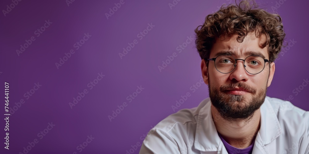 Portrait of Caucasian male scientist on purple background with his confident and expertise to experiment in laboratory. Positive working attitude expression with copy space. Generative ai Portrait of Caucasian male scientist on purple background with his confident and expertise to experiment in laboratory. Positive working attitude expression with copy space. Generative ai