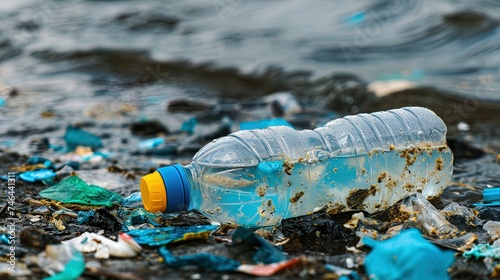 Plastic bottle in the ocean, symbolizing environmental crisis and the issue of microplastics pollution