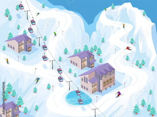 Ski resort. High located mountain village with ski lift, hotel buildings, downhill track, skier. Wonderful place for spending winter holiday. Healthy lifestyle concept. Vector illustration