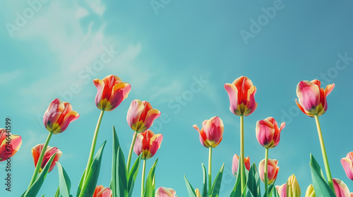 Beautiful spring tulips grow against a blue sunny sky